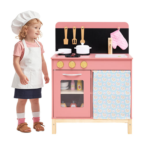 Play Kitchen for Kids Wooden Kitchen Playset with Door Curtain, Pink