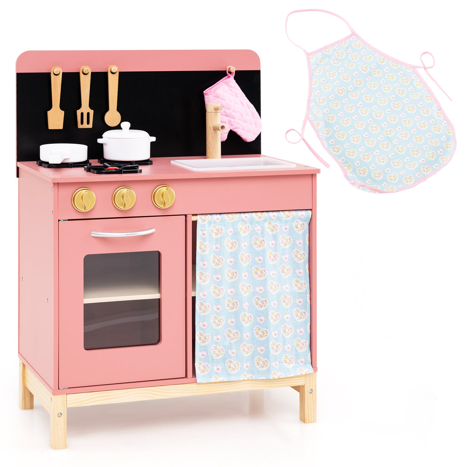 Play Kitchen for Kids Wooden Kitchen Playset with Door Curtain, Pink Play Kitchen Sets at Gallery Canada