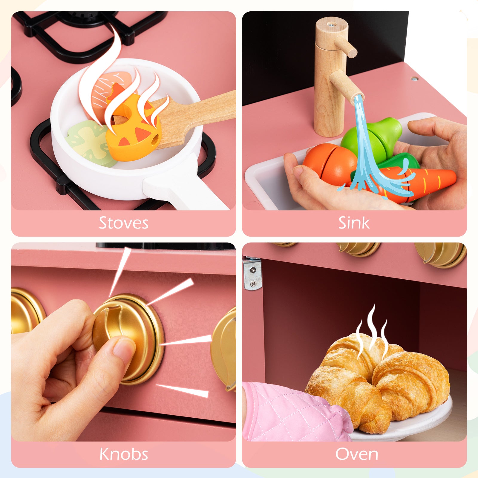 Play Kitchen for Kids Wooden Kitchen Playset with Door Curtain, Pink Play Kitchen Sets at Gallery Canada