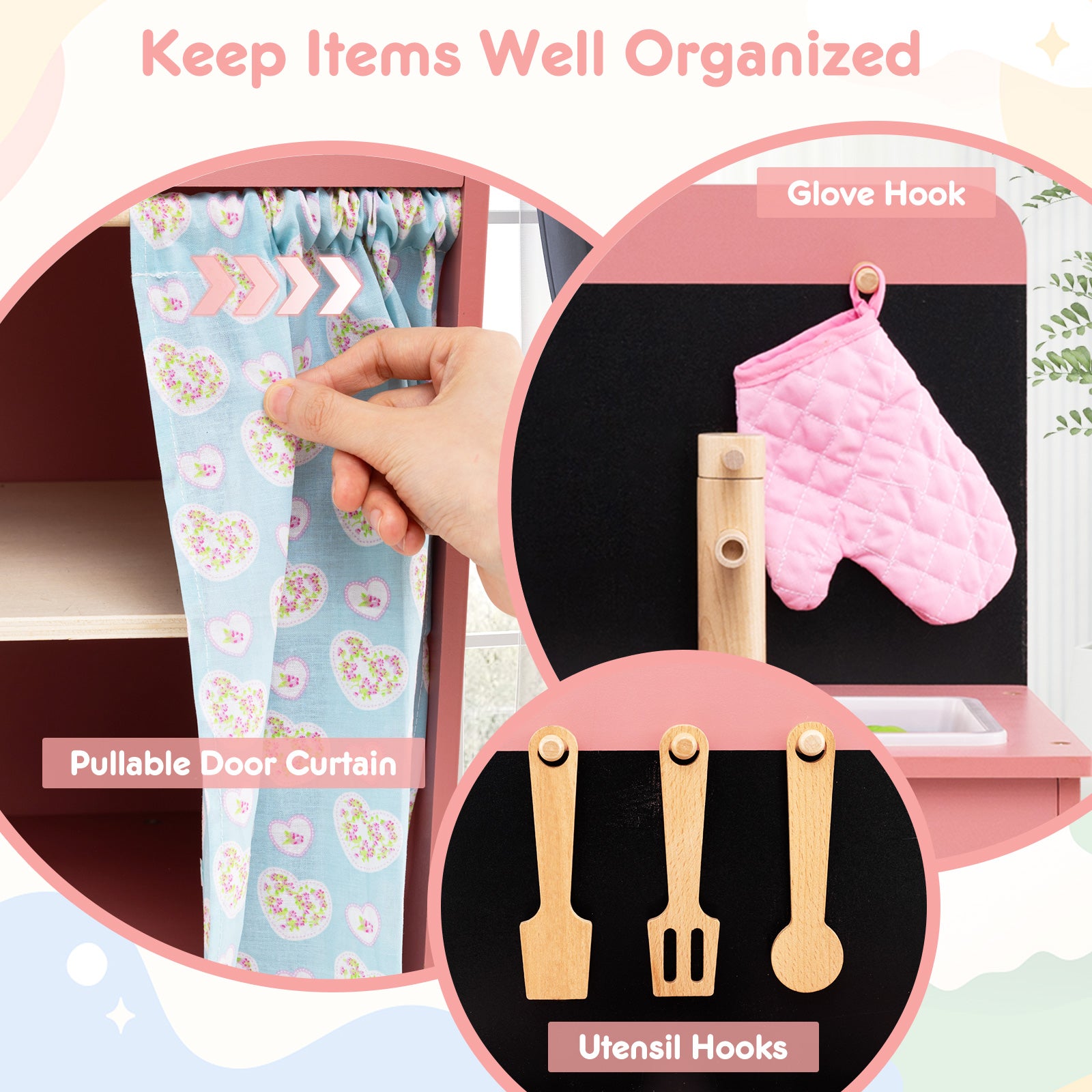 Play Kitchen for Kids Wooden Kitchen Playset with Door Curtain, Pink Play Kitchen Sets at Gallery Canada