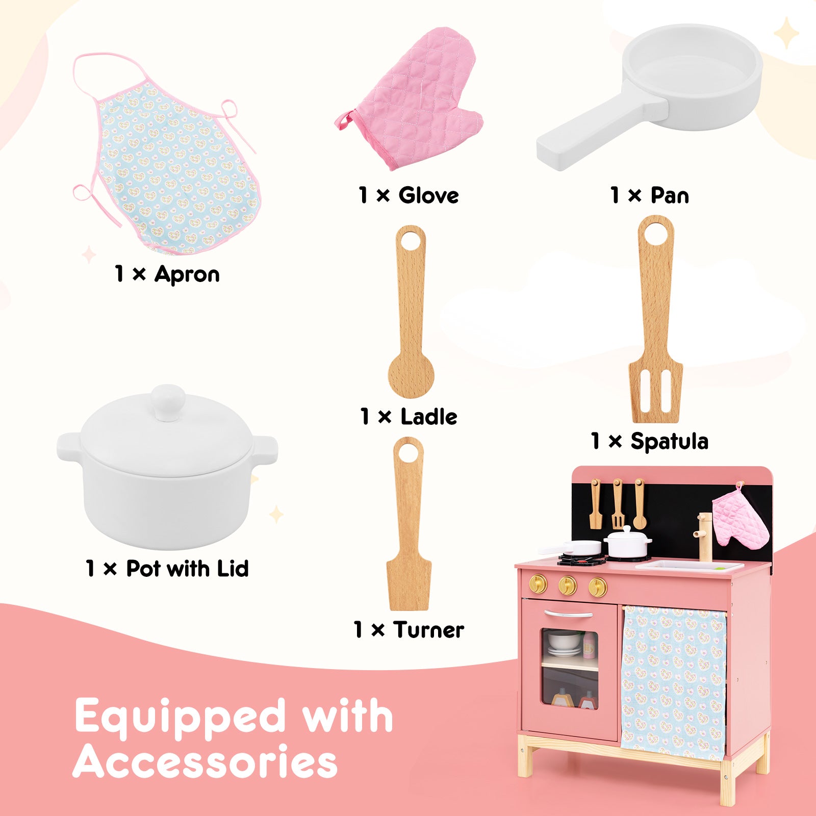 Play Kitchen for Kids Wooden Kitchen Playset with Door Curtain, Pink Play Kitchen Sets at Gallery Canada