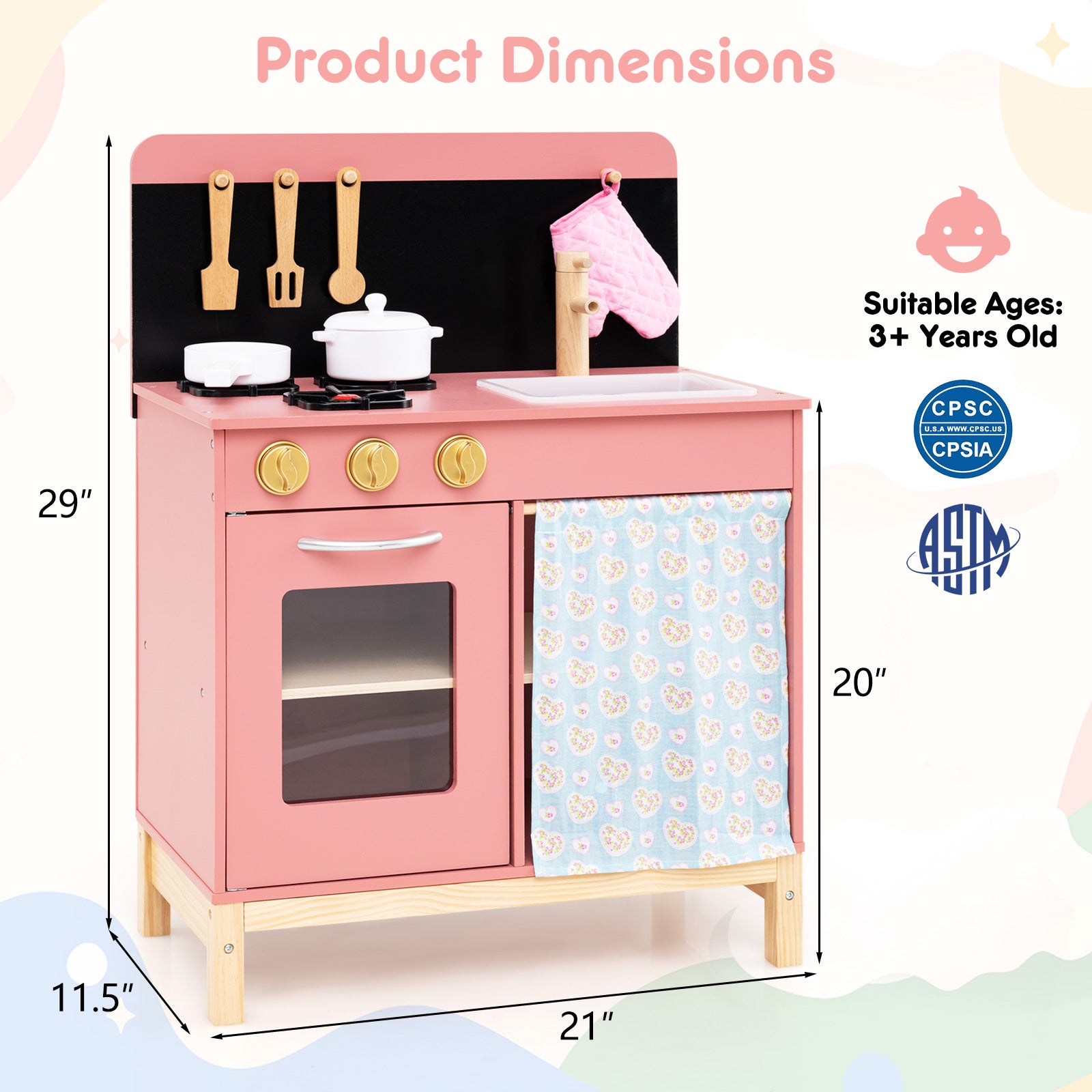 Play Kitchen for Kids Wooden Kitchen Playset with Door Curtain, Pink Play Kitchen Sets at Gallery Canada