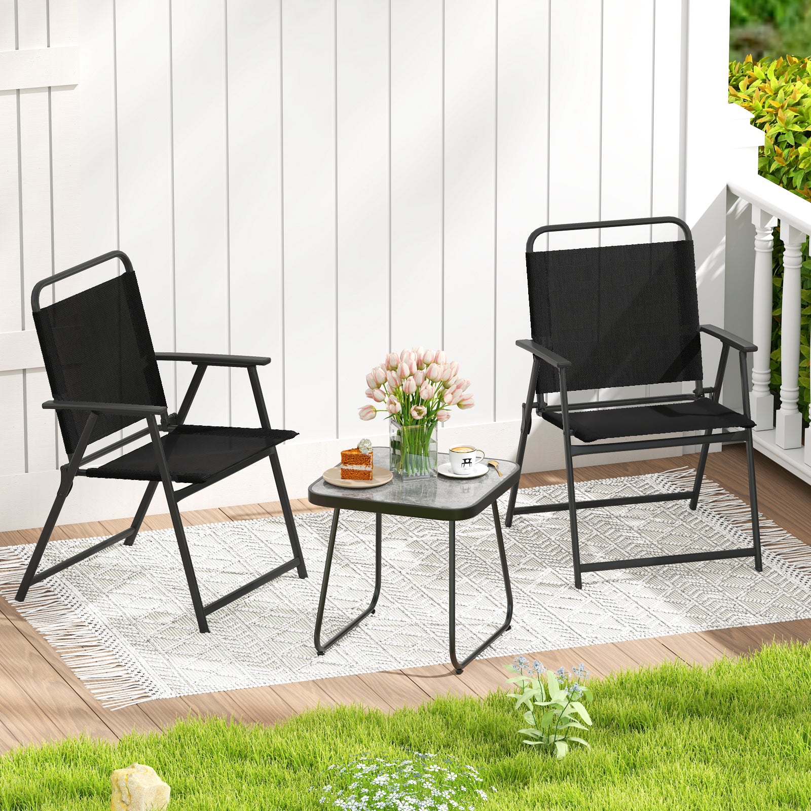 3 Pieces Patio Folding Conversation Chairs and Table, Black Patio Conversation Sets at Gallery Canada