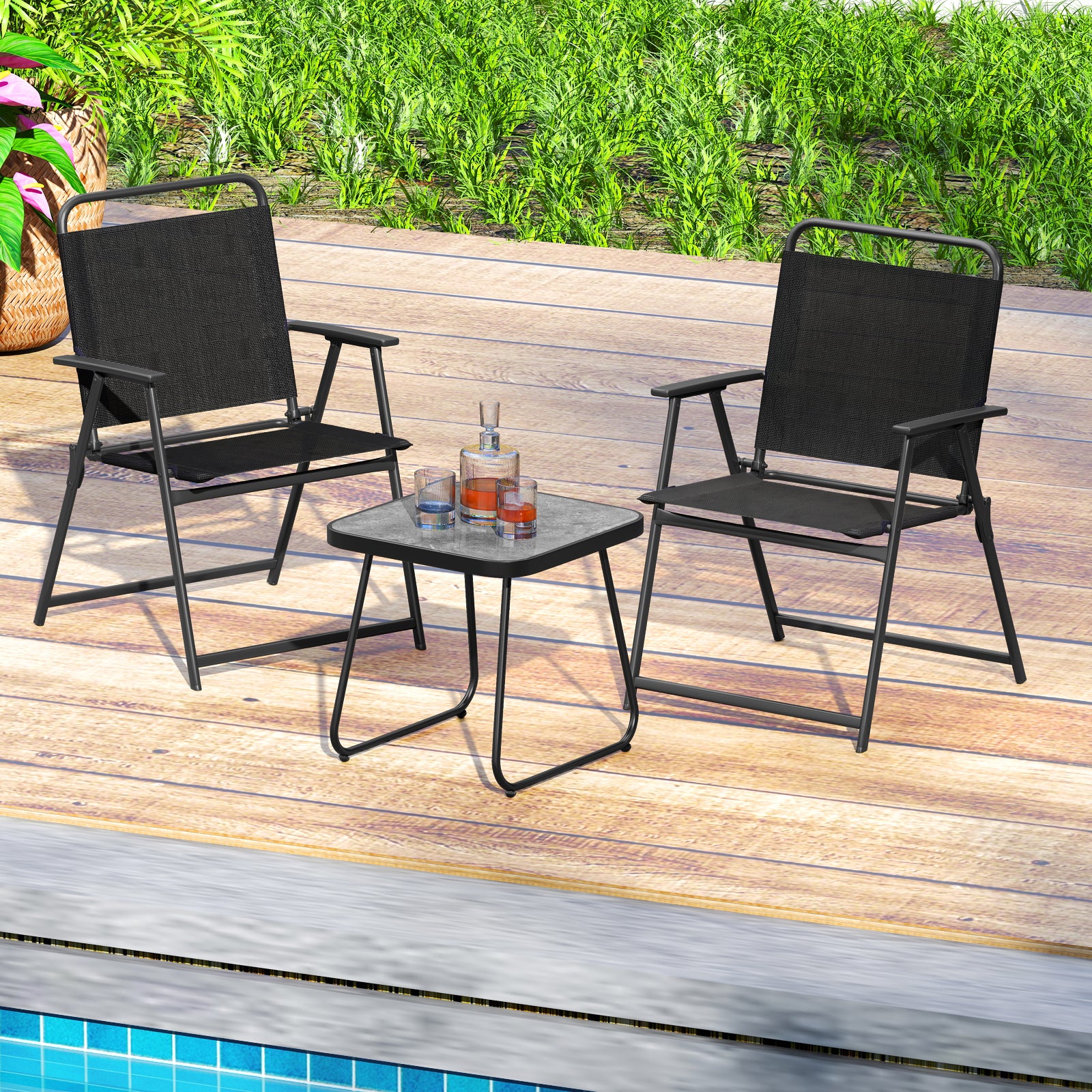 3 Pieces Patio Folding Conversation Chairs and Table, Black Patio Conversation Sets at Gallery Canada
