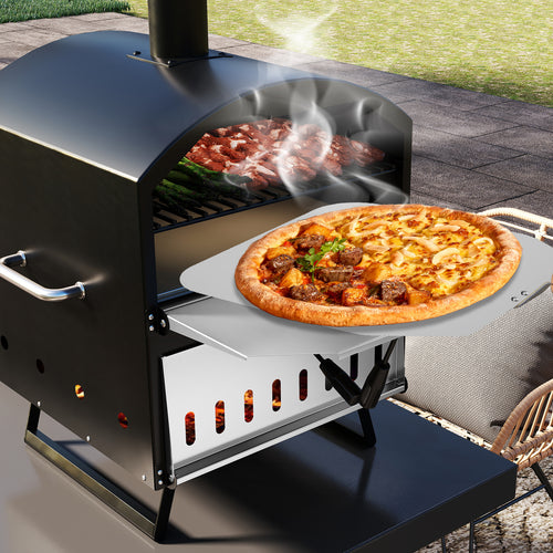 16 Inch Wood Fired Pizza Oven, 2-Layer, Square Stone, Black