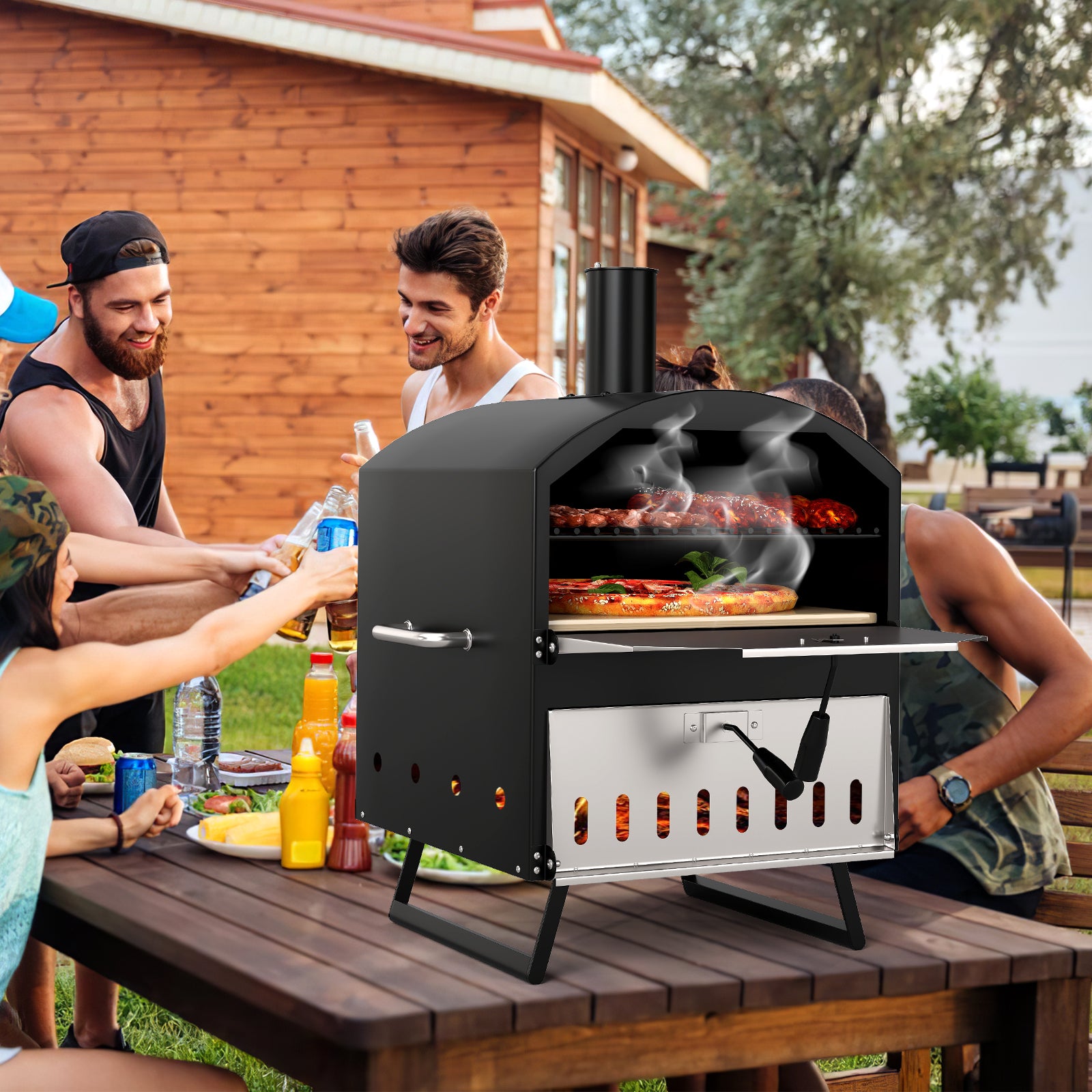 Outdoor 16 Inch 2-Layer Wood Fired Pizza Oven with Square Stone, Black Outdoor Grills at Gallery Canada