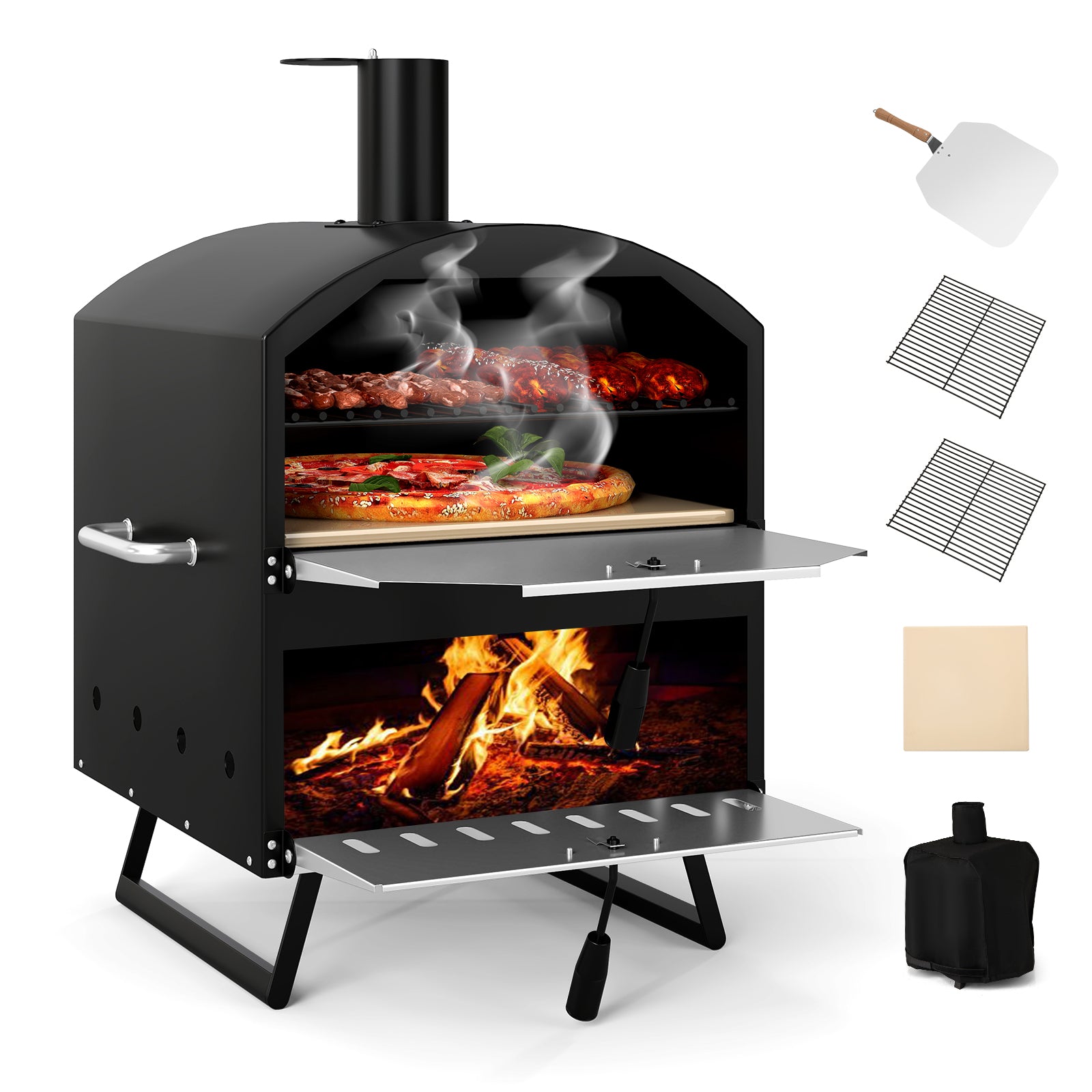 Outdoor 16 Inch 2-Layer Wood Fired Pizza Oven with Square Stone, Black Outdoor Grills at Gallery Canada