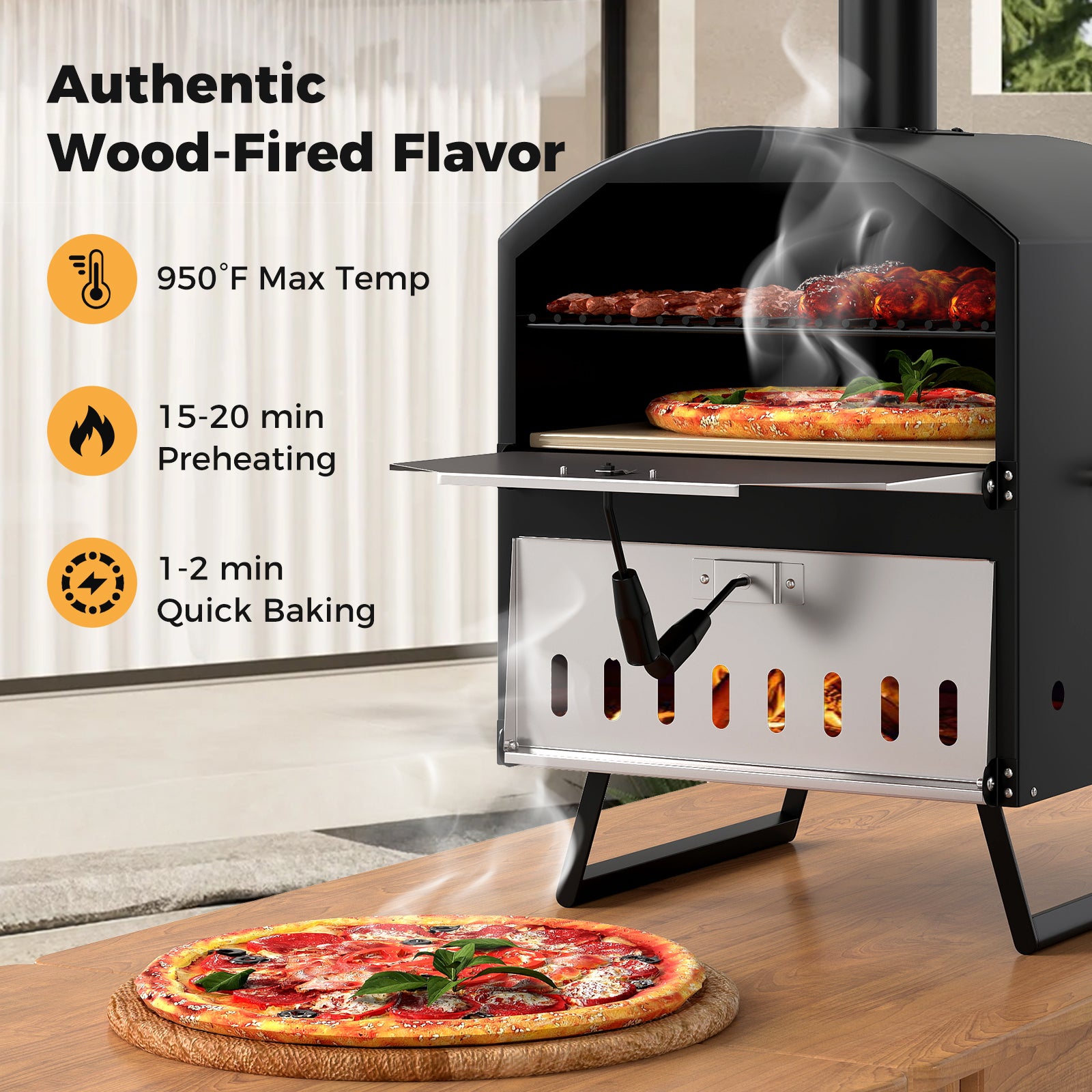 Outdoor 16 Inch 2-Layer Wood Fired Pizza Oven with Square Stone, Black Outdoor Grills at Gallery Canada
