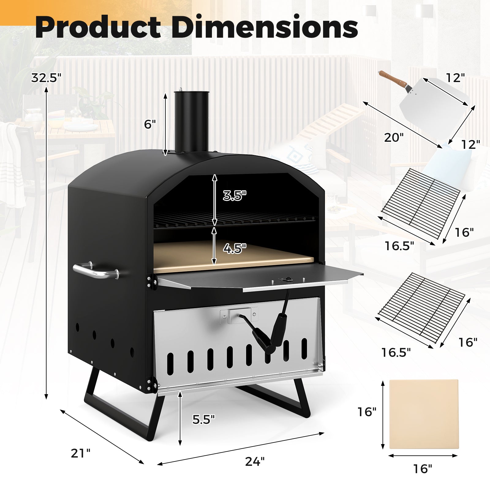 Outdoor 16 Inch 2-Layer Wood Fired Pizza Oven with Square Stone, Black Outdoor Grills at Gallery Canada