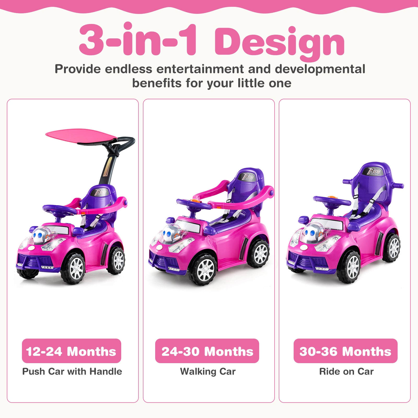 3 In 1 Push Car Stroller, Pink Push & Pedal Ride On Toys at Gallery Canada