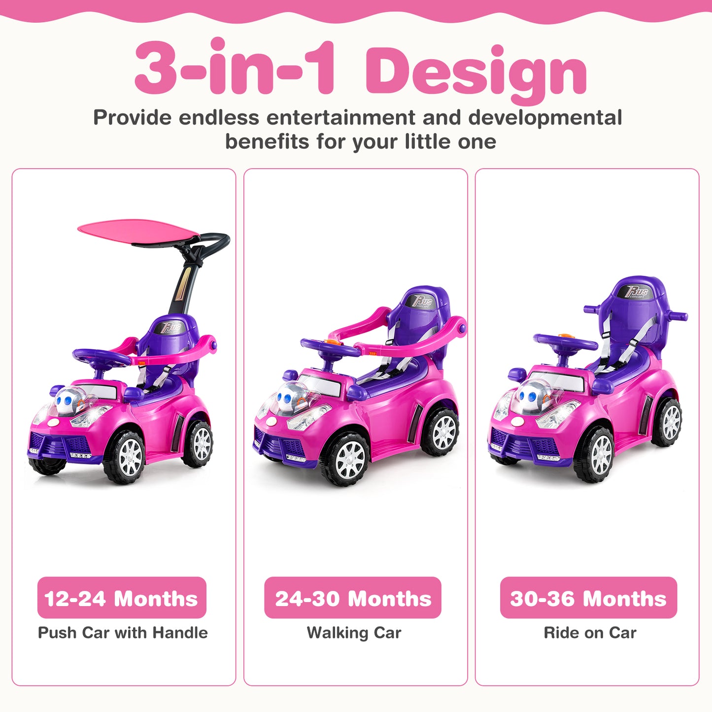 3 In 1 Push Car Stroller, Pink Push & Pedal Ride On Toys at Gallery Canada