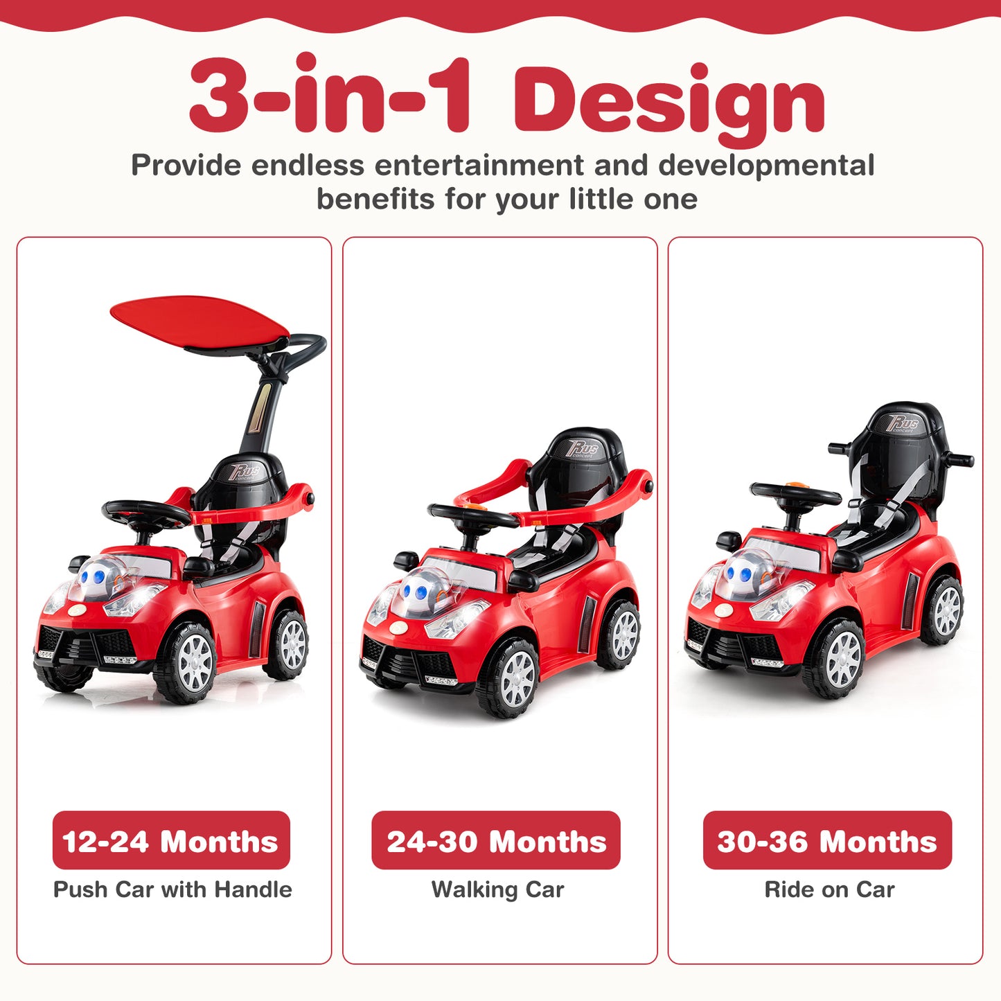 3 in 1 Push Car for Toddler Stroller Sliding Walking Car for Boys and Girls, Red Push & Pedal Ride On Toys at Gallery Canada