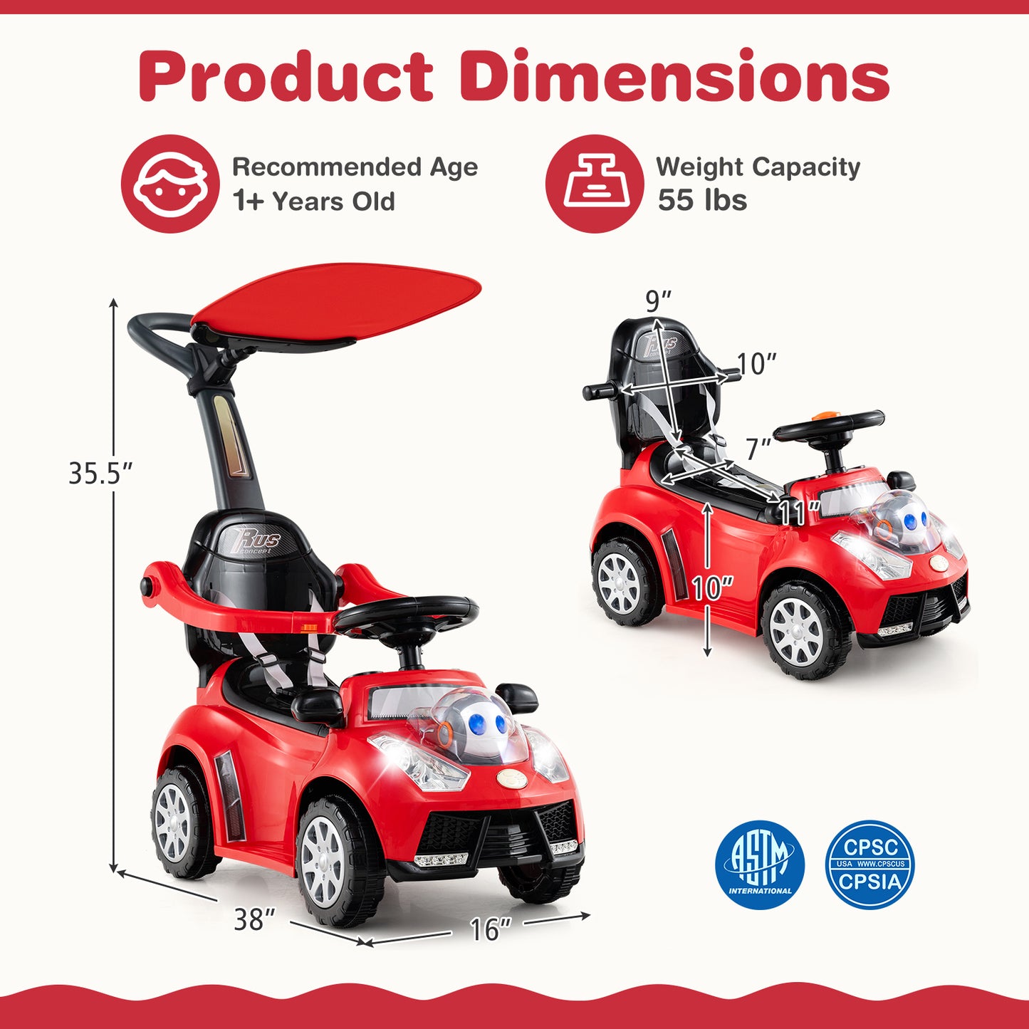 3 in 1 Push Car for Toddler Stroller Sliding Walking Car for Boys and Girls, Red Push & Pedal Ride On Toys at Gallery Canada