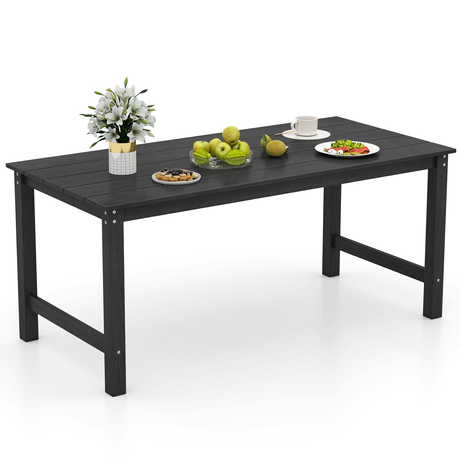 HDPE Outdoor Dining Table for 6 Person with Wood-Like Tabletop and Umbrella Hole, Black Patio Dining Tables at Gallery Canada