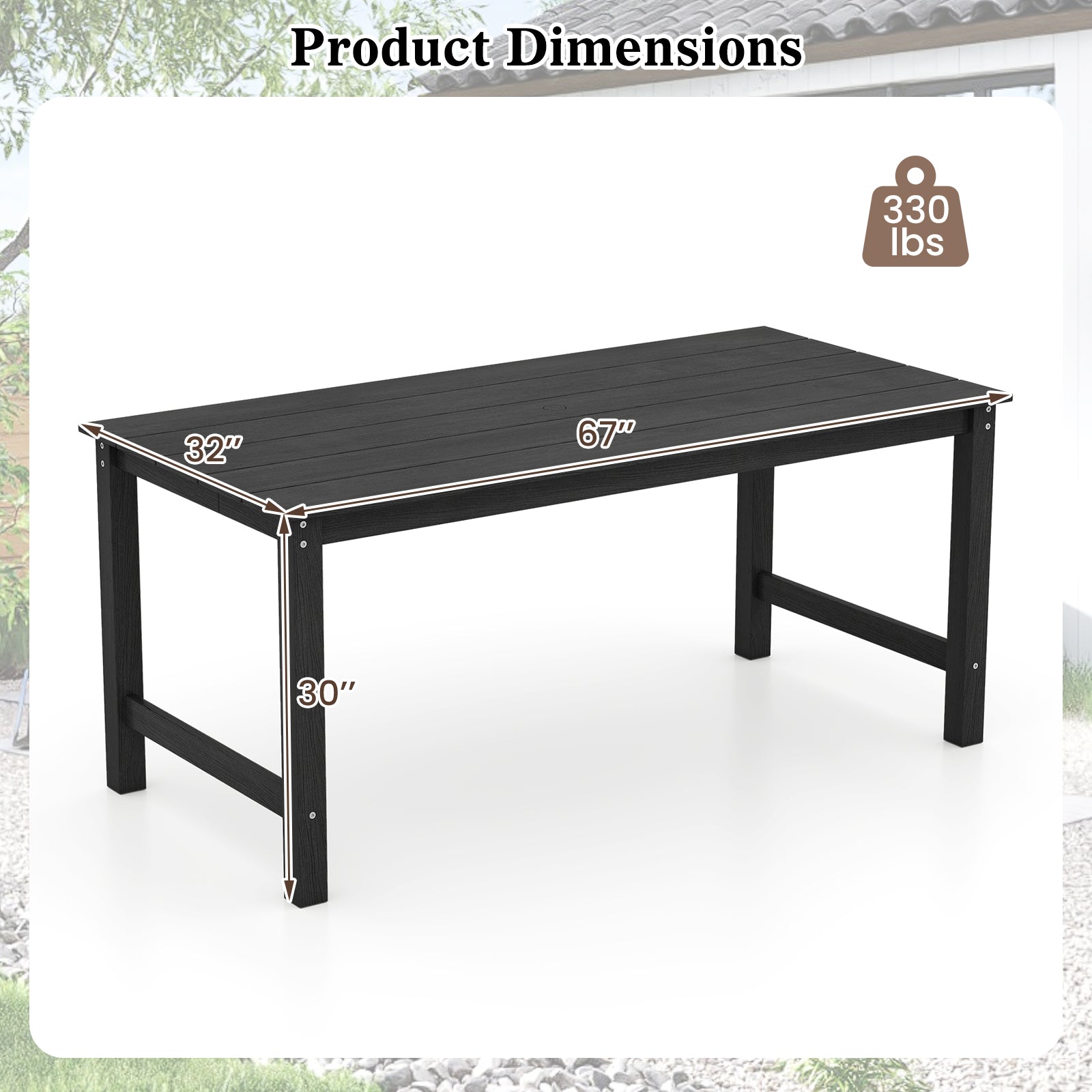 HDPE Outdoor Dining Table for 6 Person with Wood-Like Tabletop and Umbrella Hole, Black Patio Dining Tables at Gallery Canada