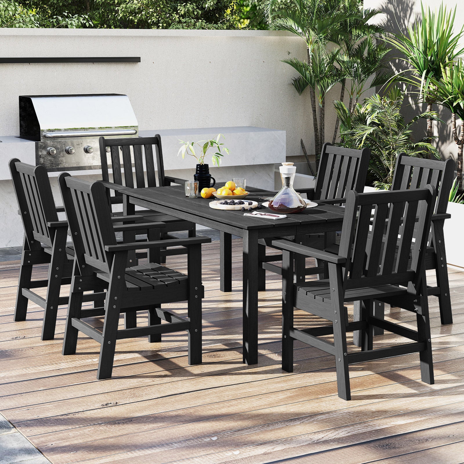 HDPE Outdoor Dining Table for 6 Person with Wood-Like Tabletop and Umbrella Hole, Black Patio Dining Tables at Gallery Canada