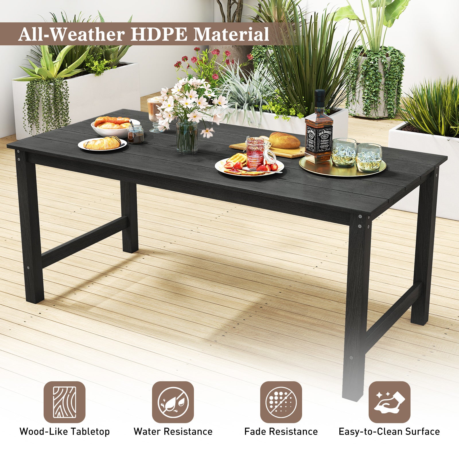 HDPE Outdoor Dining Table for 6 Person with Wood-Like Tabletop and Umbrella Hole, Black Patio Dining Tables at Gallery Canada