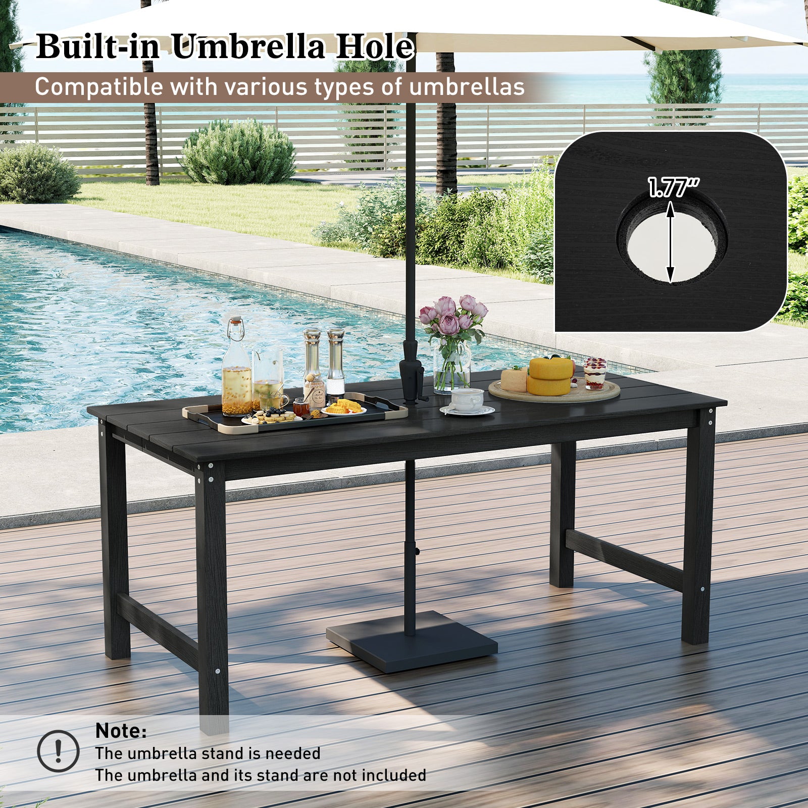 HDPE Outdoor Dining Table for 6 Person with Wood-Like Tabletop and Umbrella Hole, Black Patio Dining Tables at Gallery Canada