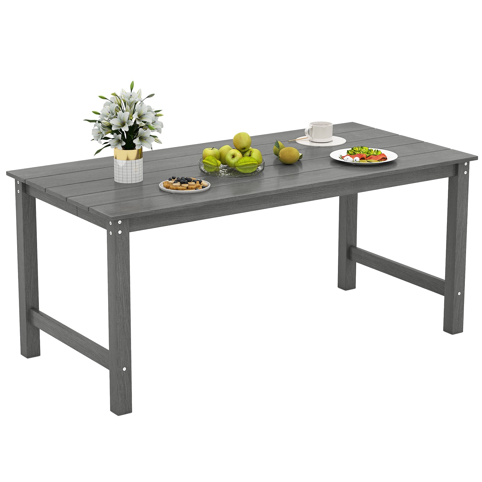 HDPE Outdoor Dining Table for 6 Person with Wood-Like Tabletop and Umbrella Hole, Gray Patio Dining Tables at Gallery Canada