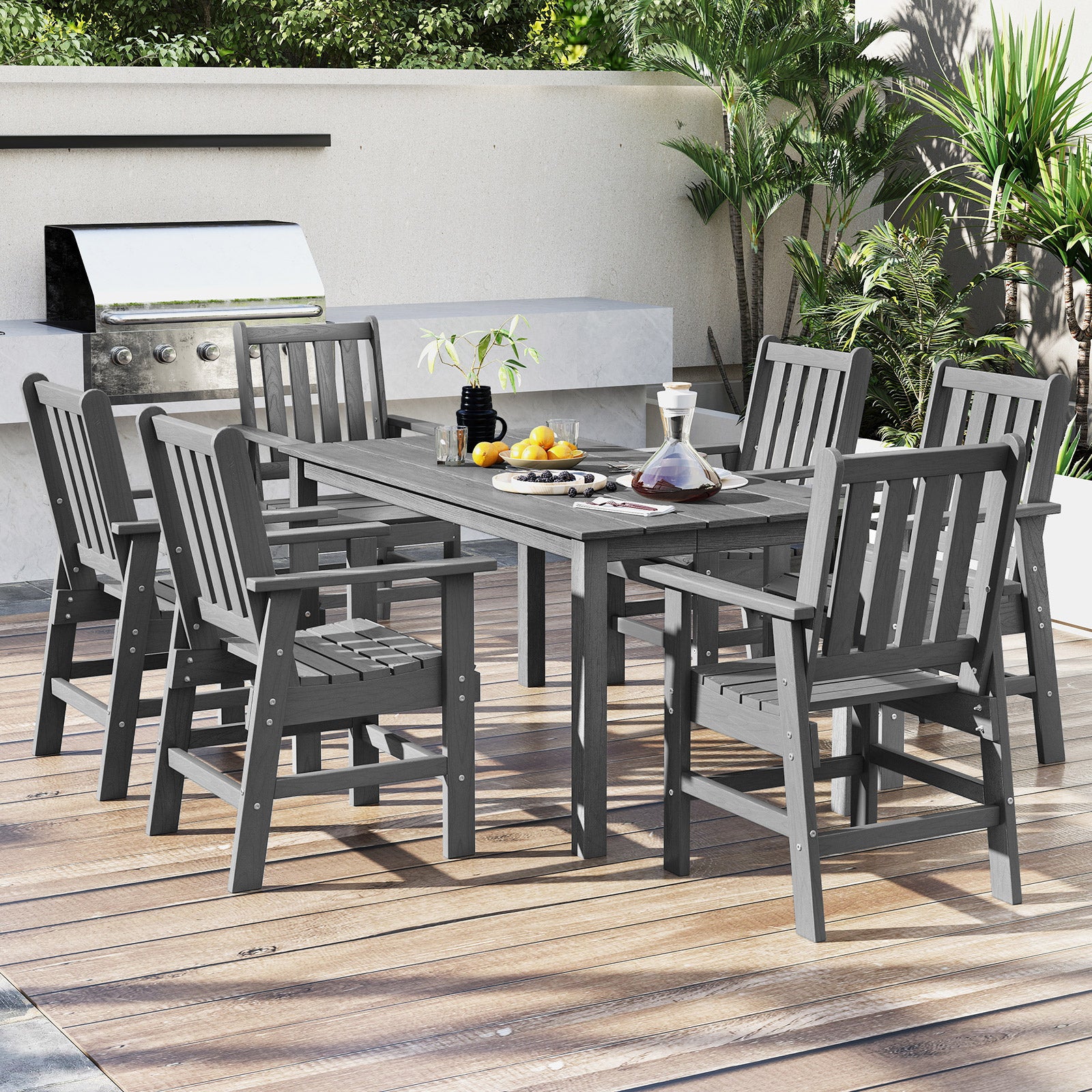 HDPE Outdoor Dining Table for 6 Person with Wood-Like Tabletop and Umbrella Hole, Gray Patio Dining Tables at Gallery Canada