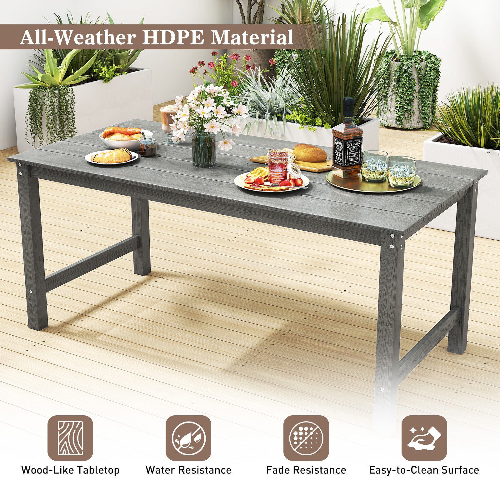 HDPE Outdoor Dining Table for 6 Person with Wood-Like Tabletop and Umbrella Hole, Gray Patio Dining Tables at Gallery Canada