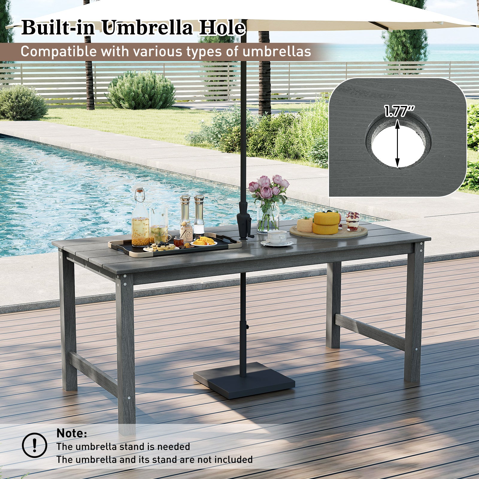 HDPE Outdoor Dining Table for 6 Person with Wood-Like Tabletop and Umbrella Hole, Gray Patio Dining Tables at Gallery Canada