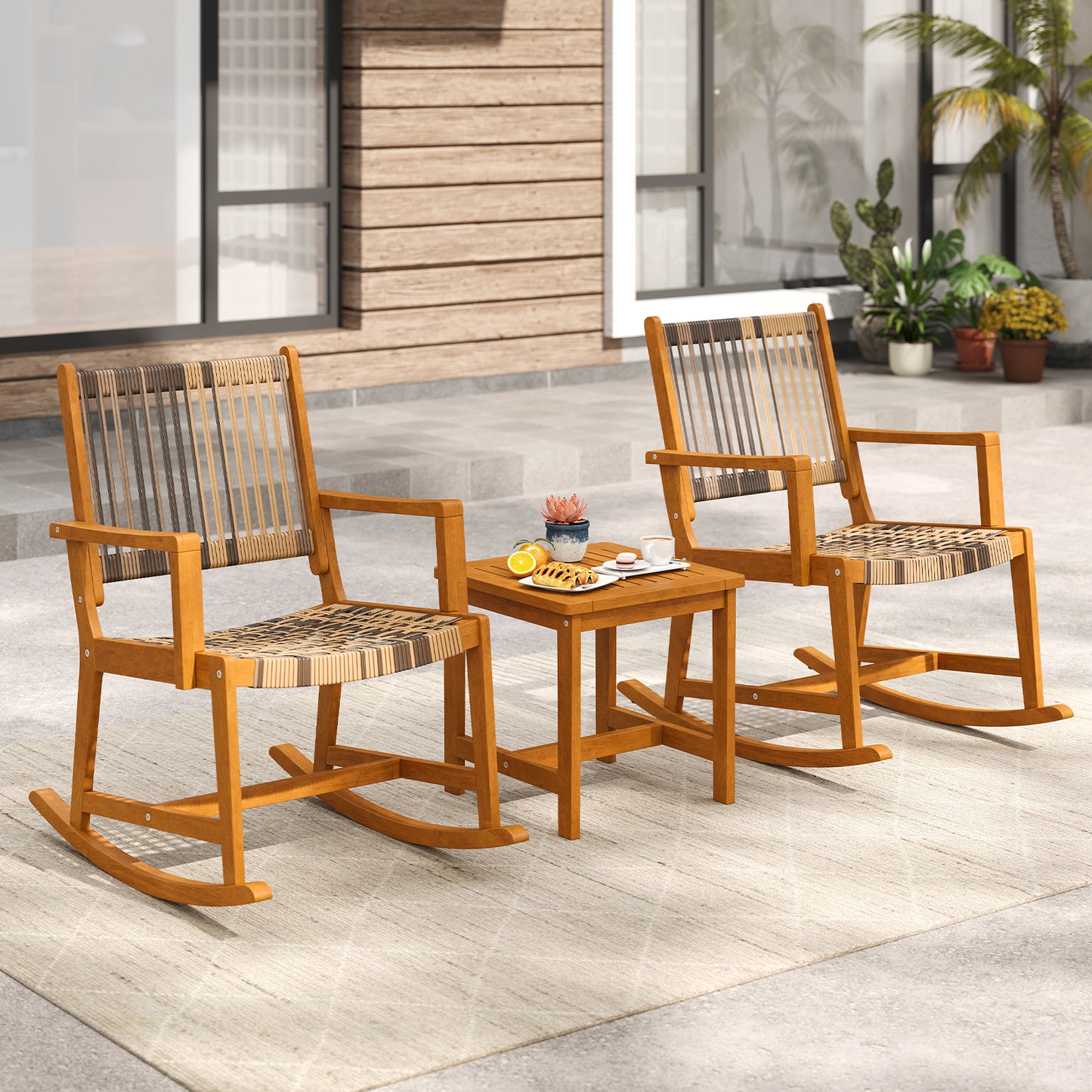 3 Piece Patio Rocking Set Acacia Wood Rocker Bistro Set with Rattan Seat and Back, Brown Patio Conversation Sets at Gallery Canada