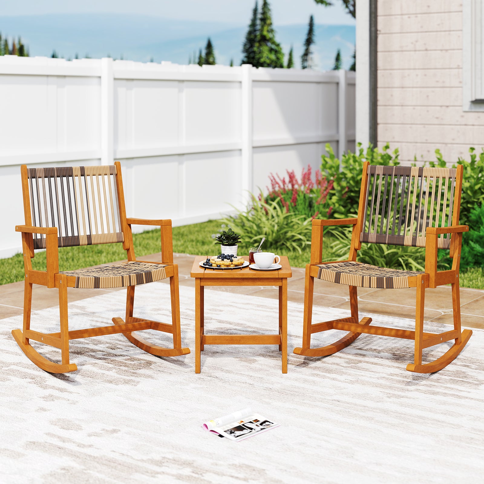 3 Piece Patio Rocking Set Acacia Wood Rocker Bistro Set with Rattan Seat and Back, Brown Patio Conversation Sets at Gallery Canada