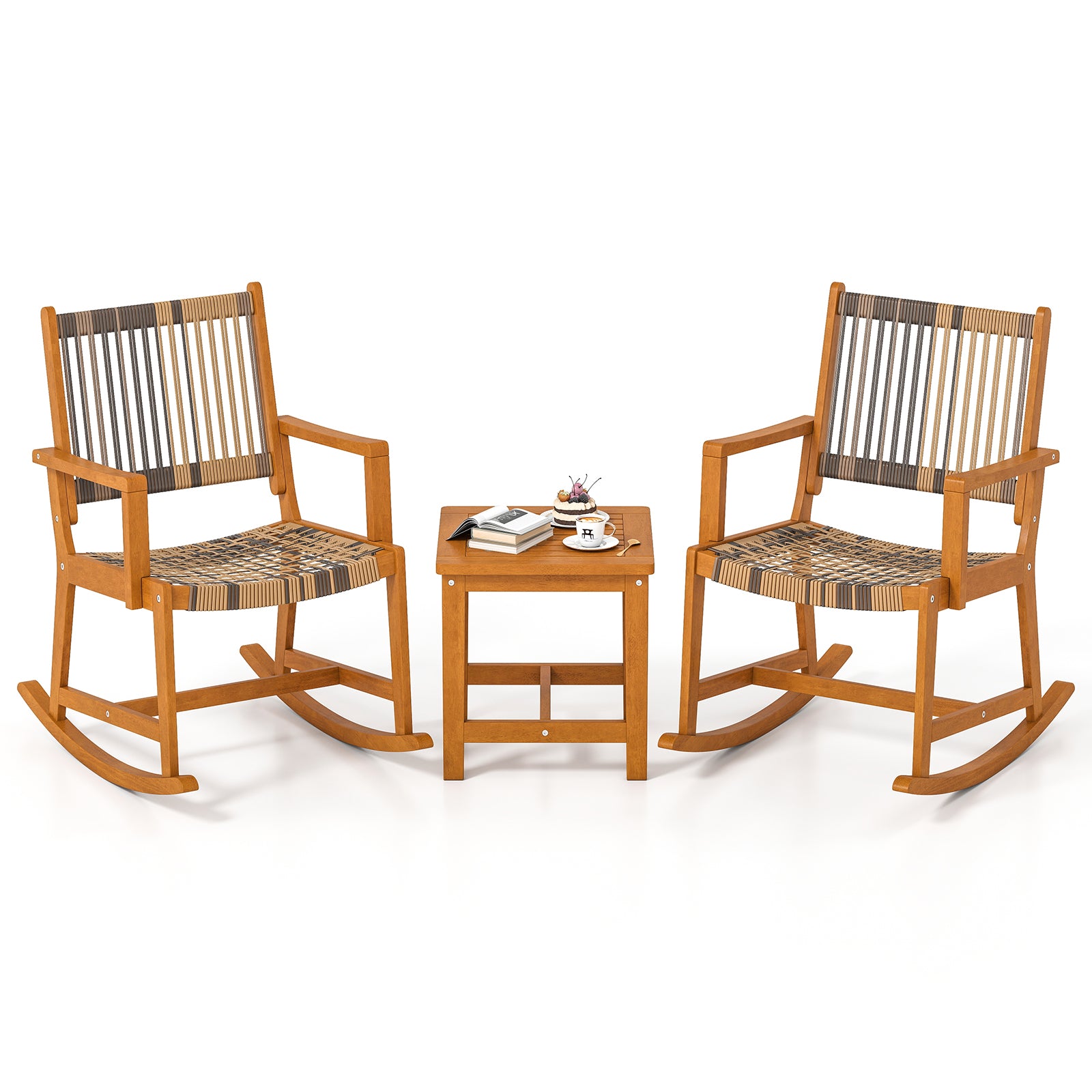 3 Piece Patio Rocking Set, Acacia Wood Rocker Bistro Set, Rattan Seat, Brown Patio Conversation Sets Brown at Gallery Canada