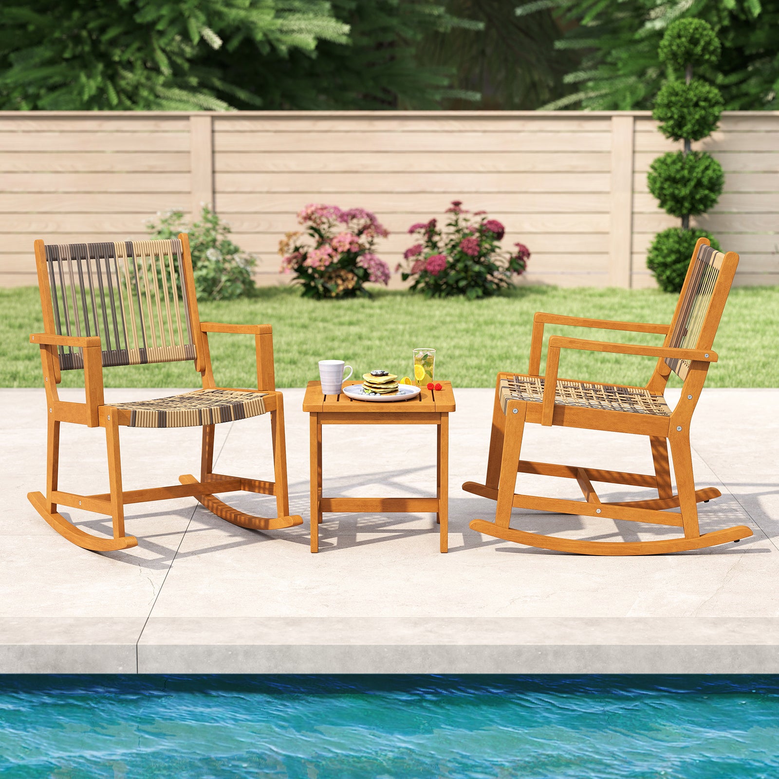 3 Piece Patio Rocking Set Acacia Wood Rocker Bistro Set with Rattan Seat and Back, Brown Patio Conversation Sets at Gallery Canada