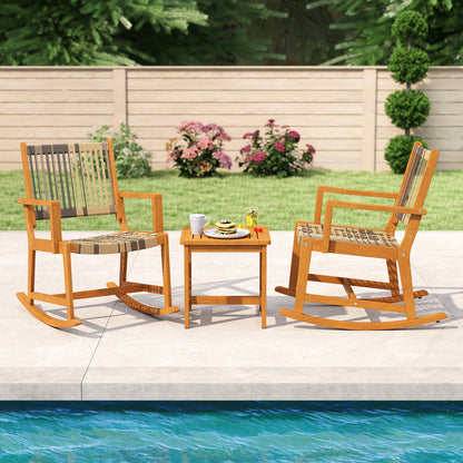 3 Piece Patio Rocking Set Acacia Wood Rocker Bistro Set with Rattan Seat and Back, Brown Patio Conversation Sets at Gallery Canada