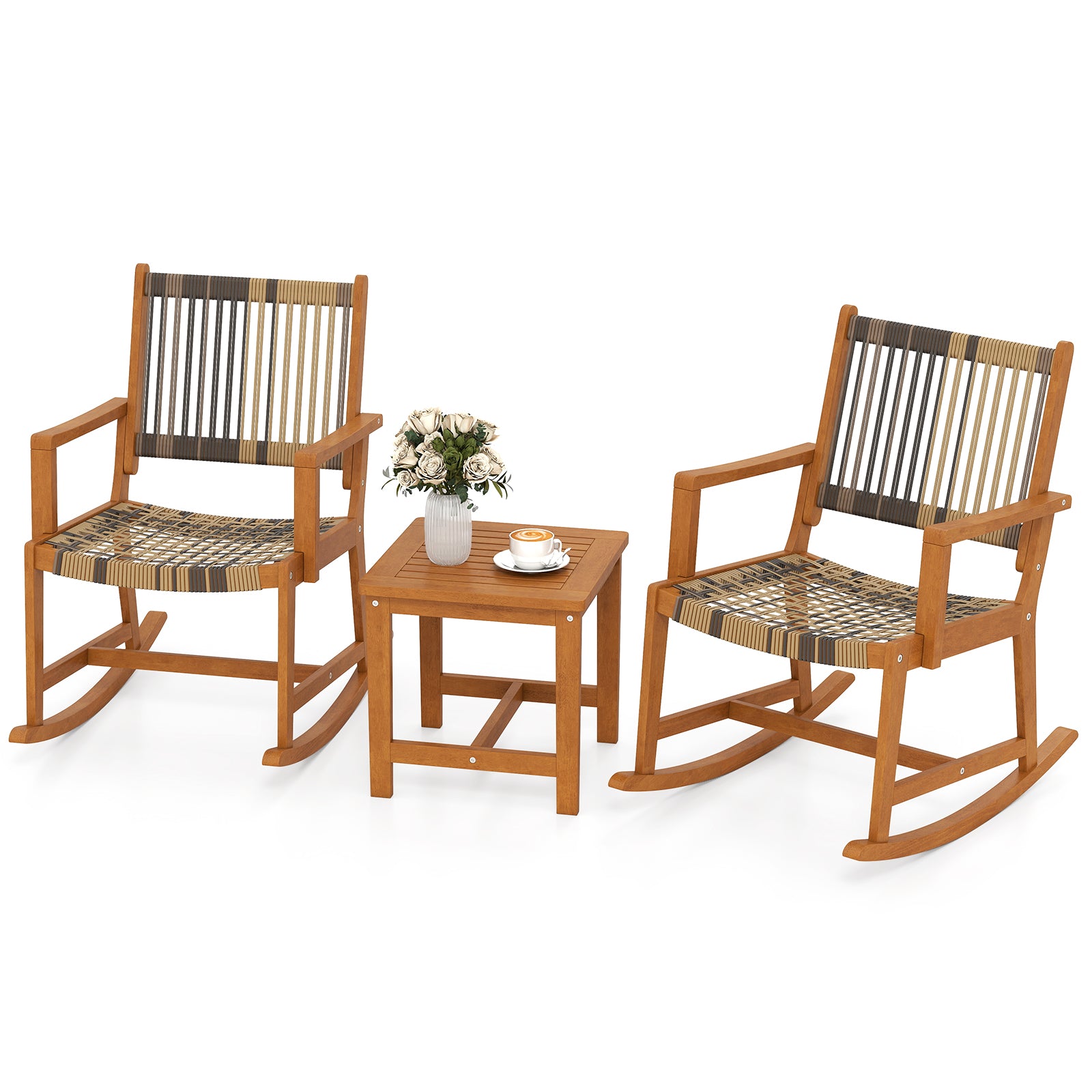 3 Piece Patio Rocking Set Acacia Wood Rocker Bistro Set with Rattan Seat and Back, Brown Patio Conversation Sets at Gallery Canada