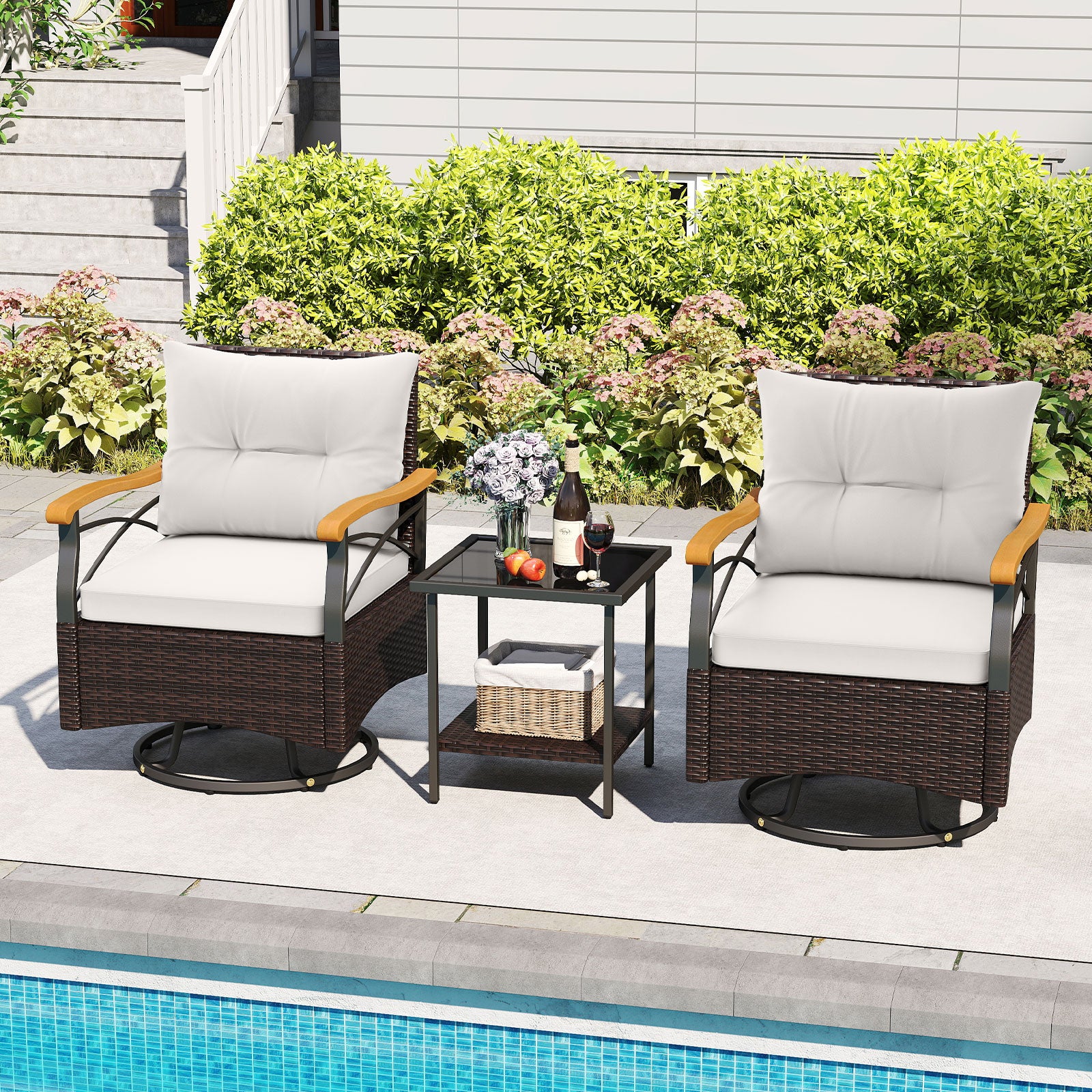 3 Piece Outdoor Swivel Chair Set with Tempered Glass Side Table, White Patio Conversation Sets at Gallery Canada