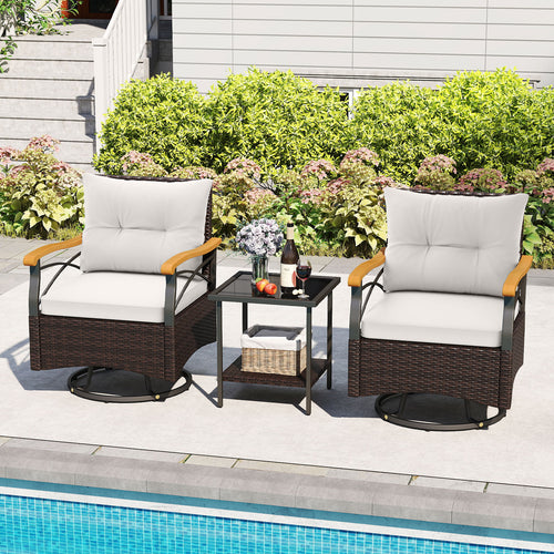 3 Piece Outdoor Swivel Chair Set with Tempered Glass Side Table, White