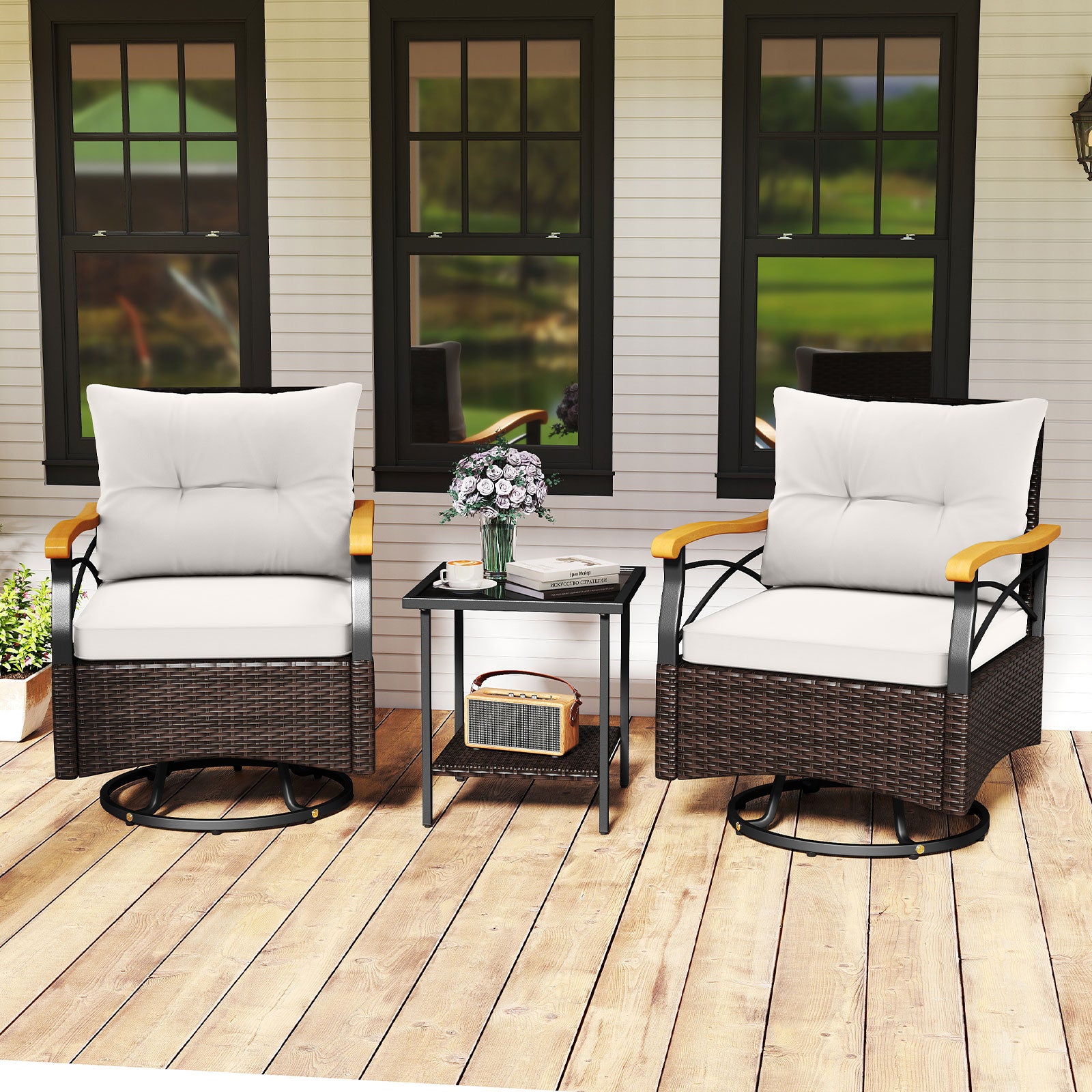 3 Piece Outdoor Swivel Chair Set with Tempered Glass Side Table, White Patio Conversation Sets at Gallery Canada