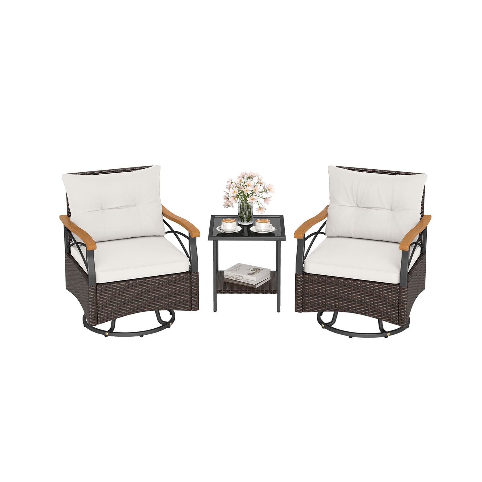 3 Piece Outdoor Swivel Chair Set with Tempered Glass Side Table, White Patio Conversation Sets White at Gallery Canada