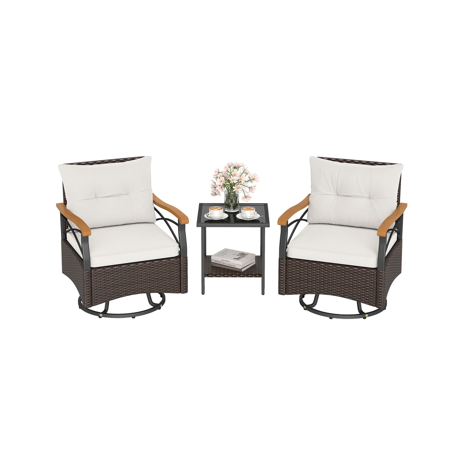 3 Piece Outdoor Swivel Chair Set with Tempered Glass Side Table, White Patio Conversation Sets at Gallery Canada