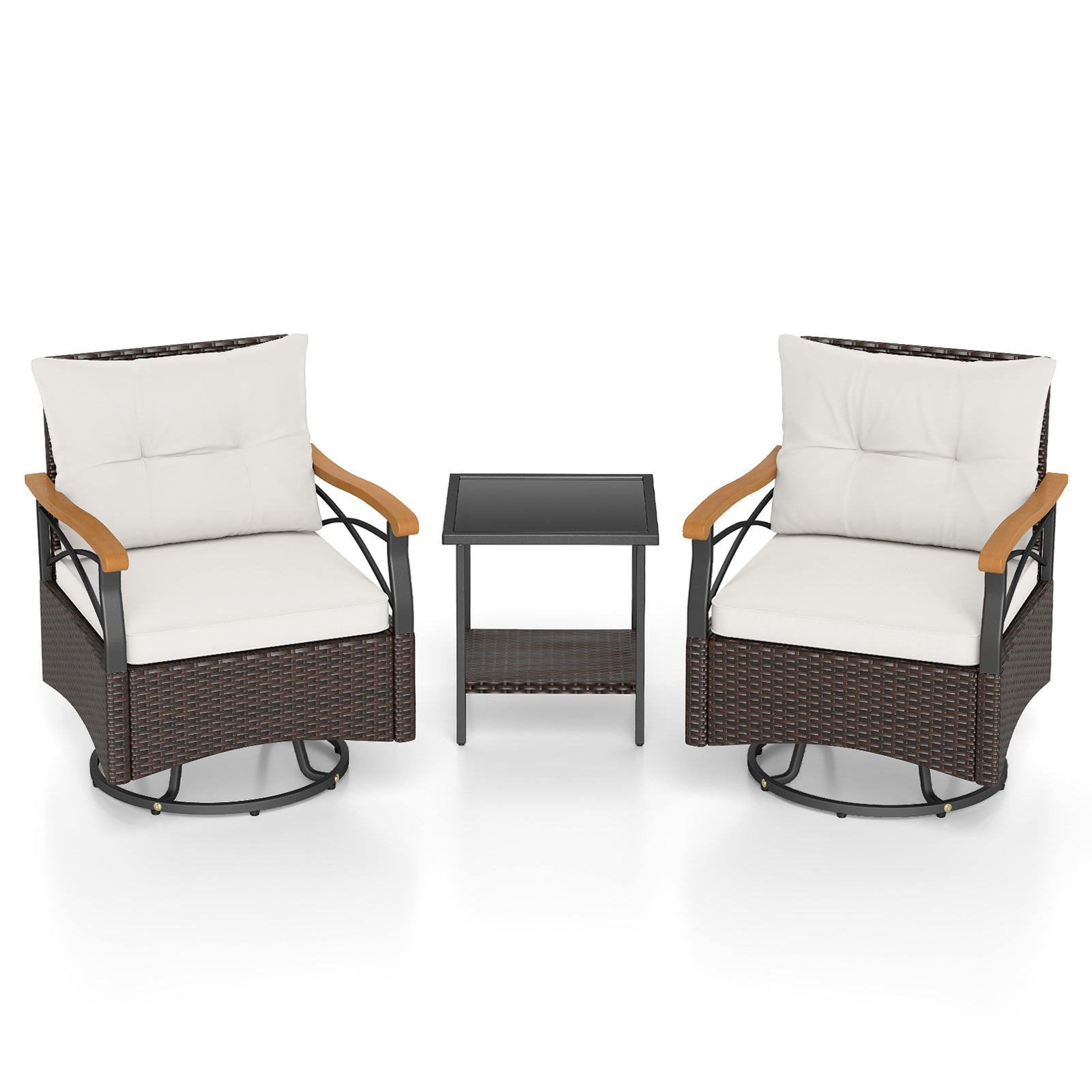 3 Piece Outdoor Swivel Chair Set with Tempered Glass Side Table, White Patio Conversation Sets at Gallery Canada