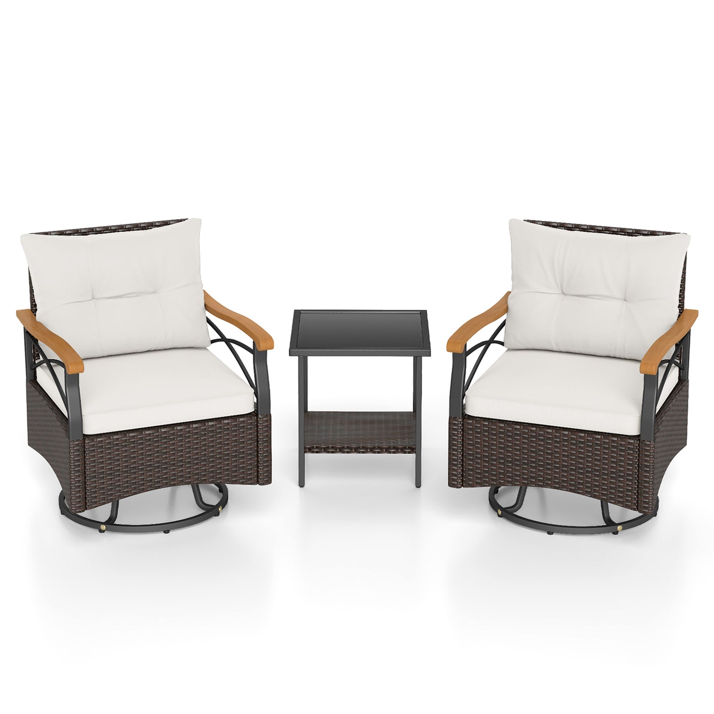 3 Piece Outdoor Swivel Chair Set with Tempered Glass Side Table, White Patio Conversation Sets at Gallery Canada