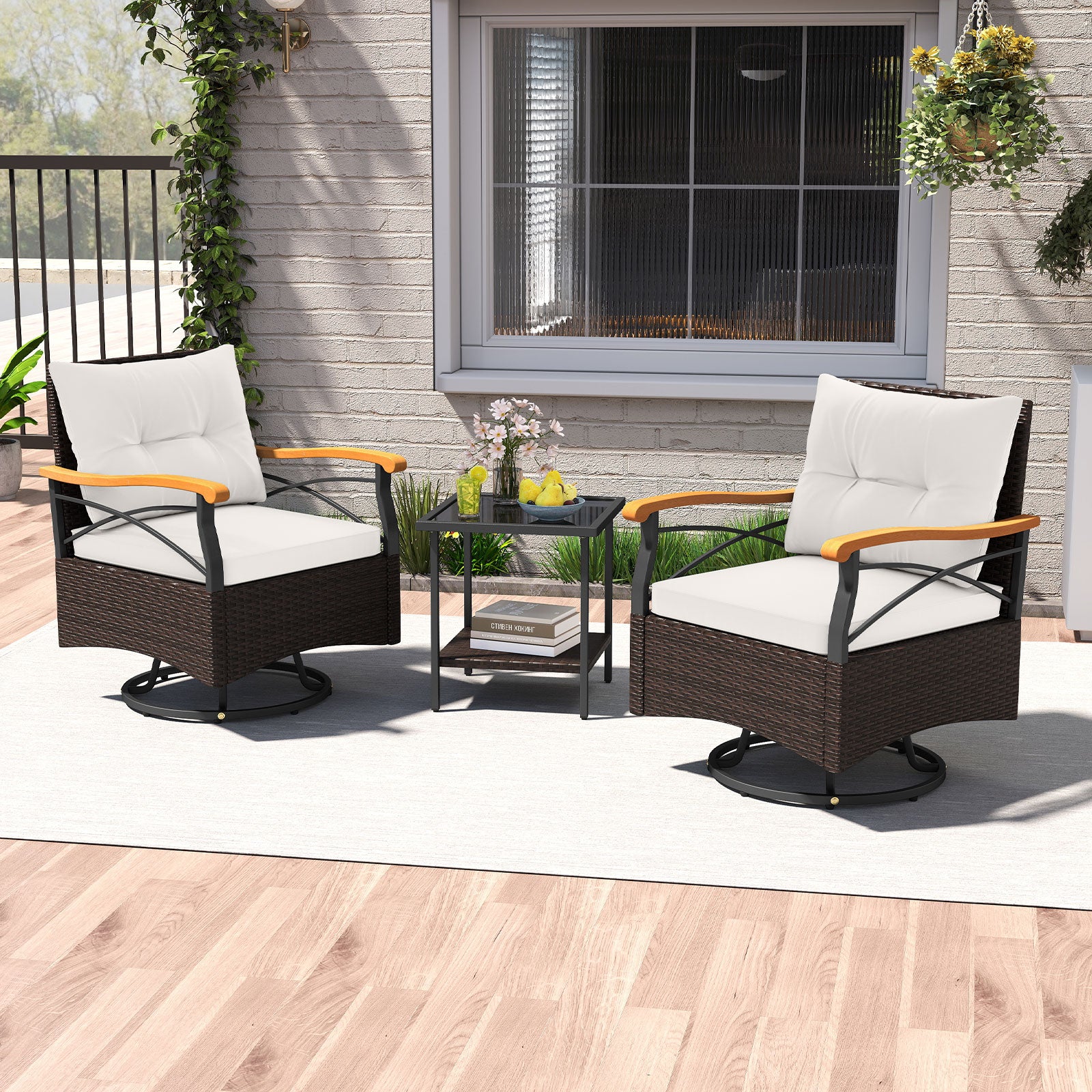 3 Piece Outdoor Swivel Chair Set with Tempered Glass Side Table, White Patio Conversation Sets at Gallery Canada