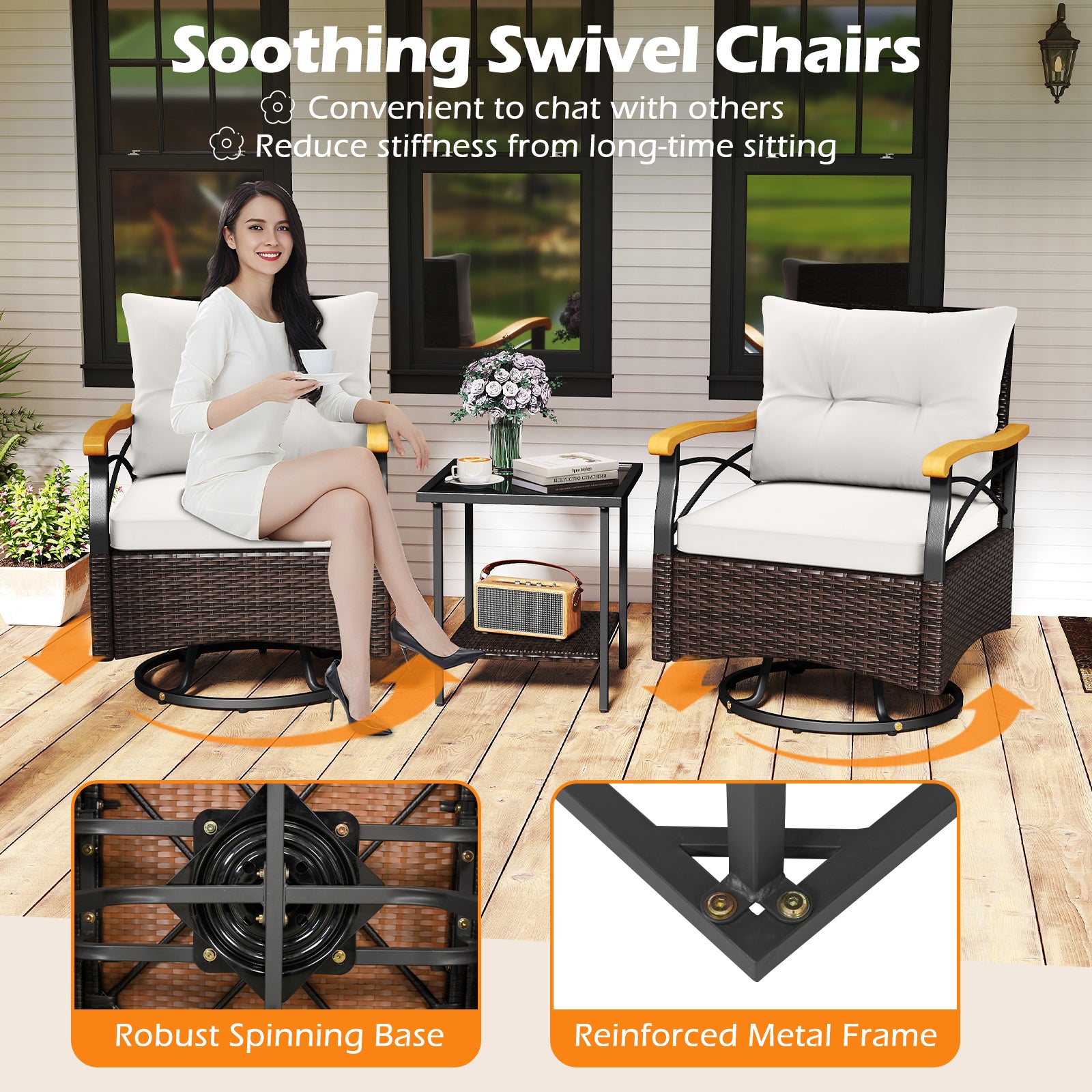 3 Piece Outdoor Swivel Chair Set with Tempered Glass Side Table, White Patio Conversation Sets at Gallery Canada