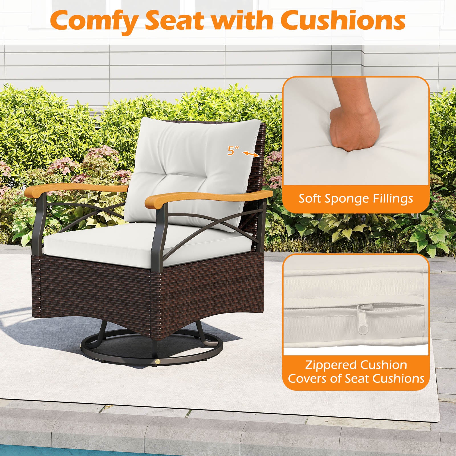 3 Piece Outdoor Swivel Chair Set with Tempered Glass Side Table, White Patio Conversation Sets at Gallery Canada
