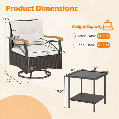 3 Piece Outdoor Swivel Chair Set with Tempered Glass Side Table, White Patio Conversation Sets at Gallery Canada