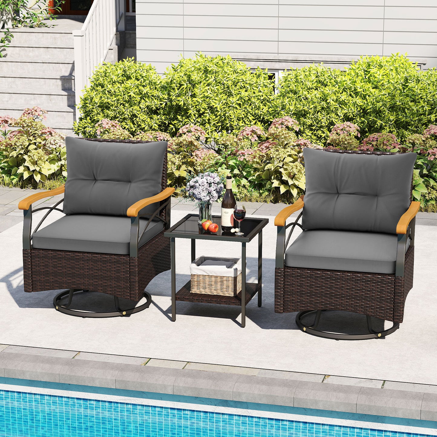 3 Piece Outdoor Swivel Chair Set with Tempered Glass Side Table, Gray Patio Conversation Sets at Gallery Canada