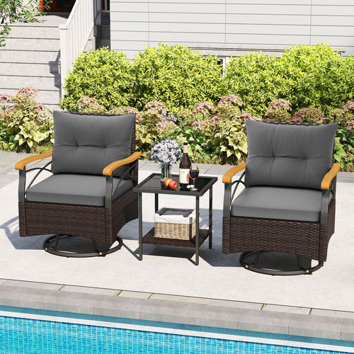 3 Piece Outdoor Swivel Chair Set with Tempered Glass Side Table, Gray