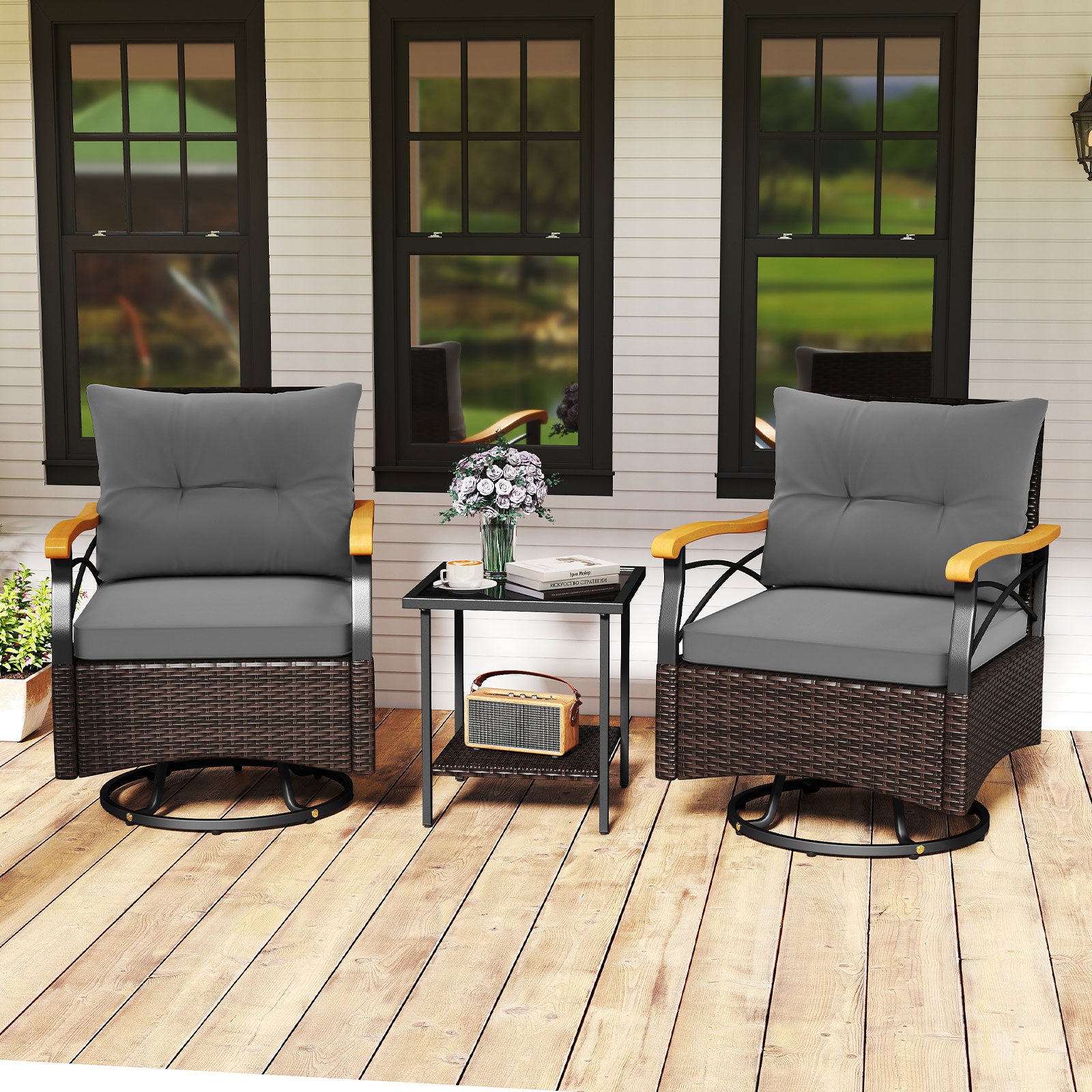 3 Piece Outdoor Swivel Chair Set with Tempered Glass Side Table, Gray Patio Conversation Sets at Gallery Canada