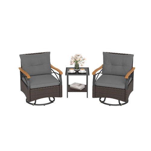 3 Piece Outdoor Swivel Chair Set with Tempered Glass Side Table, Gray