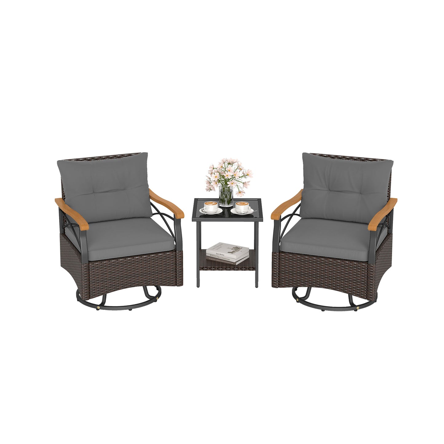 3 Piece Outdoor Swivel Chair Set with Tempered Glass Side Table, Gray Patio Conversation Sets at Gallery Canada