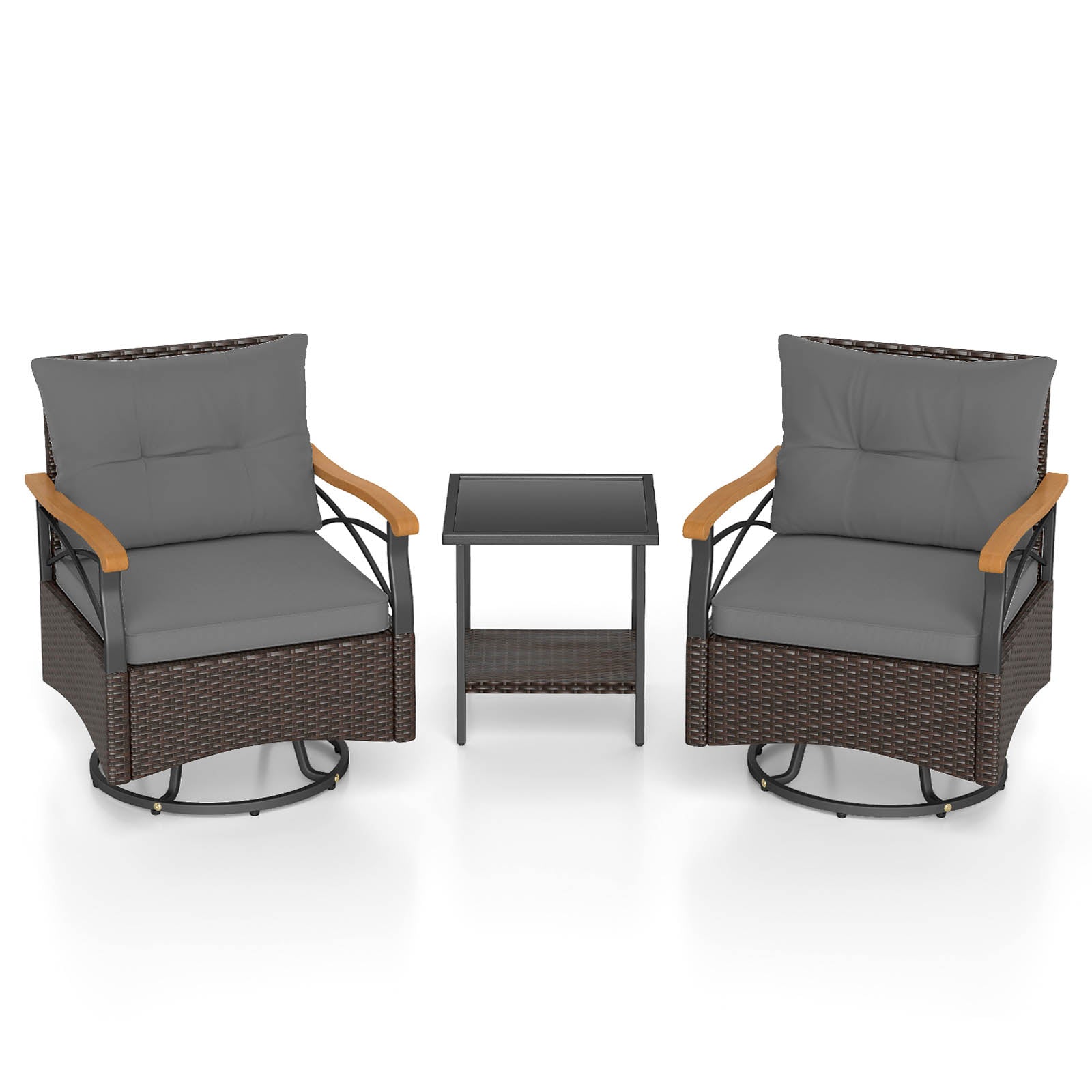 3 Piece Outdoor Swivel Chair Set with Tempered Glass Side Table, Gray Patio Conversation Sets at Gallery Canada