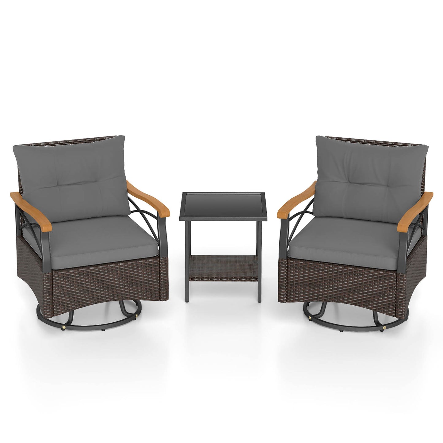 3 Piece Outdoor Swivel Chair Set with Tempered Glass Side Table, Gray Patio Conversation Sets at Gallery Canada